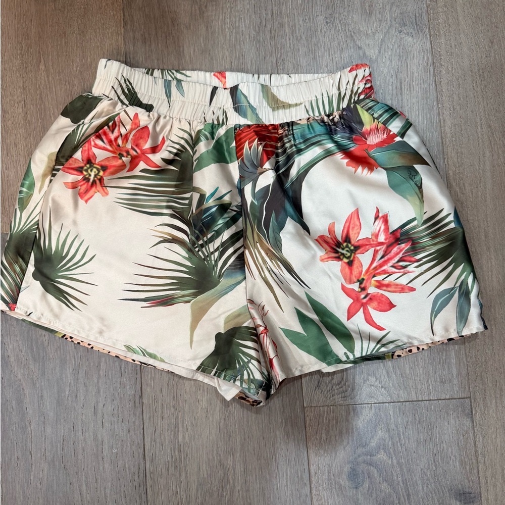 Vici Cream Tropical Floral Athletic Shorts with Green & Red Print